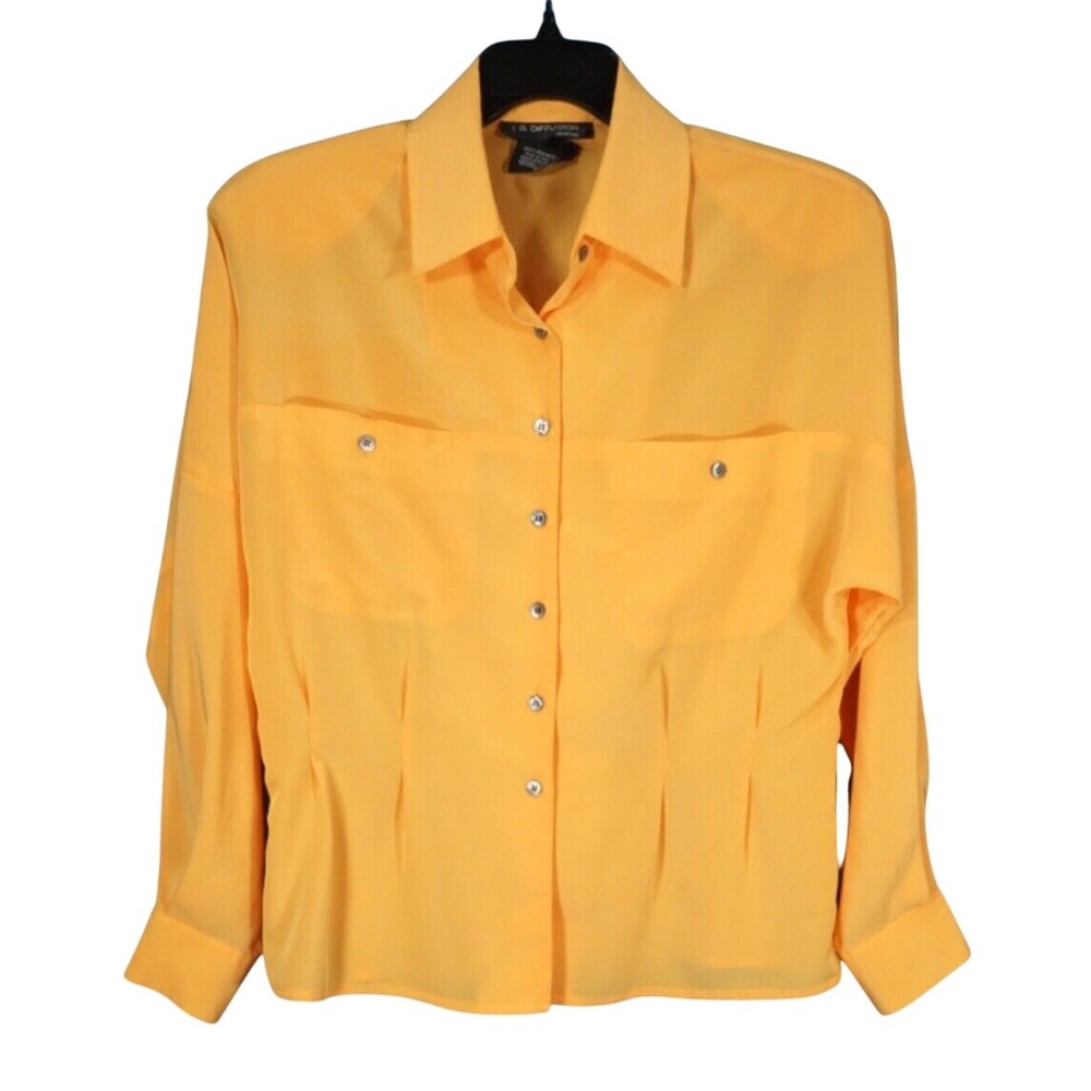 Vintage IB DIFFUSION BLOUSE Button-Up SILKY SECRETARY Vibrant Yellow/Orange 12